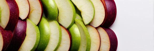 Sliced Apples Arranged in a Vertical Layout Blending Into a Light Background With a Blank Upper Zone Showcasing Freshness and Simplicity photo