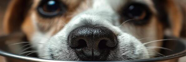 Dog Snout Eagerly Reaching Food Bowl With Soft Background and Depth of Field photo