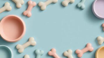 Mockup Banner Design Featuring Pastel Pet Bowls and Bone Shapes in Playful Arrangement for Pet Brand Promotion photo