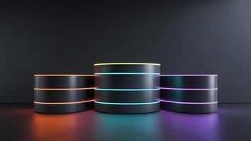 Three dark cylindrical pedestals with colorful neon light accents on a dark background photo