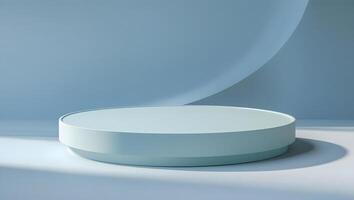 Minimalist pale blue cylinder podium with soft shadows and curved background for product display photo