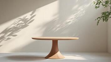 Minimalist wooden pedestal table with soft natural light and plant shadows on wall photo