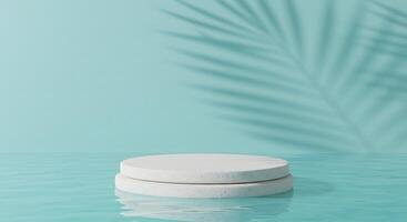 Minimalist white stone podium floating on rippling turquoise water with palm leaf shadow photo