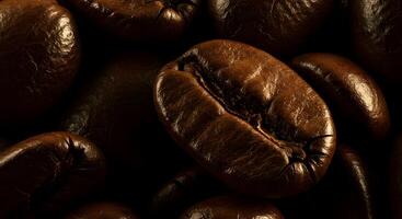 Close up macro shot of roasted coffee beans with rich brown color and texture photo
