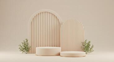 Minimalist beige podiums with arched ribbed backdrops and green foliage for product display photo