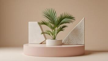 Minimalist scene with a potted palm plant and geometric shapes on a pastel podium photo