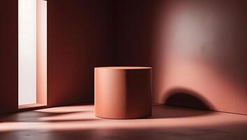 Minimalist pedestal with dramatic light and shadow in a warm toned studio setting photo