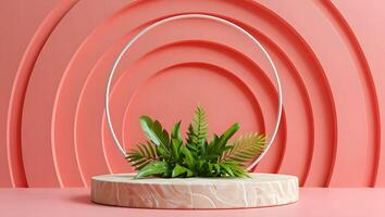 Minimalist scene with marble pedestal and lush green foliage against a coral backdrop with concentric circles photo