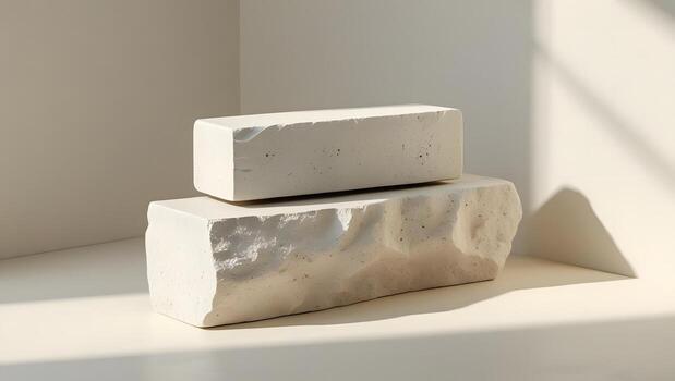 Minimalist scene with stacked rough textured stone blocks on a neutral background with soft shadows photo