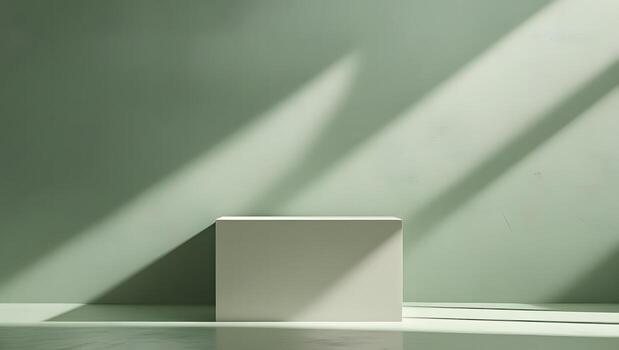 Minimalist scene with a white cube pedestal on a reflective surface with soft light and shadow patterns photo