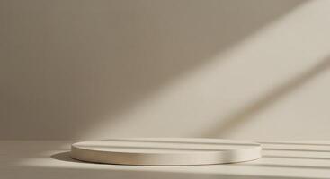 Minimalist beige podium with textured surface and soft natural light casting shadows photo