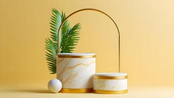 Elegant marble display podiums with gold accents and tropical palm leaves on a soft yellow background photo