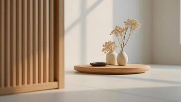 Minimalist interior scene with wooden screen round table and dried flowers in vases photo
