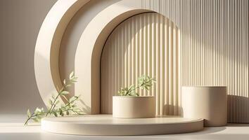 Minimalist beige stage with curved architectural elements and delicate green branches photo
