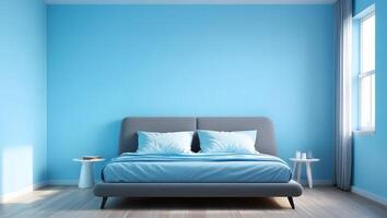 Serene bedroom with a comfortable bed and light blue walls bathed in natural light photo
