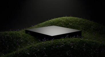 A dark square podium sits on a grassy hill dotted with small purple flowers photo