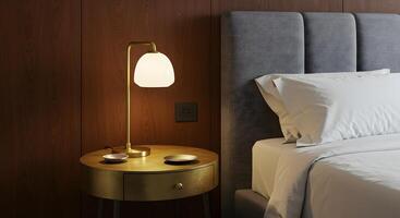 Modern hotel bedroom with a bedside table lamp and plush bedding against a wood paneled wall photo