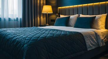 Luxurious hotel bedroom with a comfortable bed plush pillows and warm ambient lighting photo