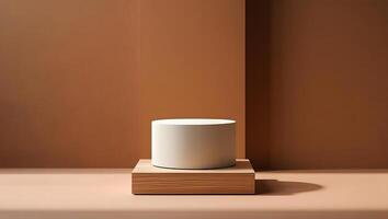 Minimalist scene with a white cylinder on a wooden pedestal against a warm brown background photo