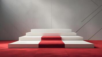 Minimalist stage with white tiered platforms and a red carpet leading to the center photo