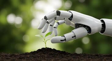 Robotic hand gently touching a small green plant growing in fertile soil with a blurred green background photo