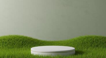 Minimalist white podium with gold trim on lush green grass against a muted green background photo