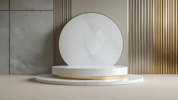 Modern minimalist stage with marble podiums and textured walls for product display photo