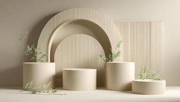 Minimalist beige display podiums with delicate green foliage and ribbed architectural elements photo