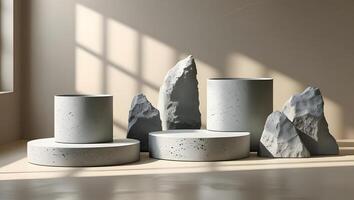 Minimalist concrete podiums and rough stone sculptures arranged with natural light and shadow play photo