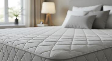 Close up of a comfortable white quilted mattress with pillows and a lamp in a bright bedroom photo