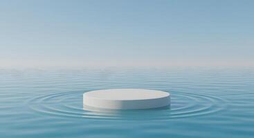 Minimalist white podium floating on calm blue water with gentle ripples under a clear sky photo