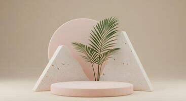 Minimalist geometric display podium with palm leaf and textured stone shapes photo