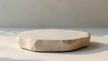 Minimalist beige stone podium with soft shadows and natural light for product display photo
