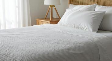Comfortable and inviting bedroom scene with crisp white bedding and a textured blanket photo