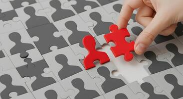 Hand placing a red puzzle piece shaped like a person into a larger puzzle of grey people photo
