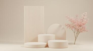 Minimalist scene with cream colored geometric podiums and delicate pink floral branches photo