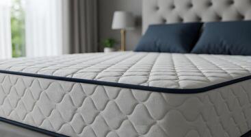 Comfortable quilted mattress with blue trim on a bed with pillows and a headboard photo