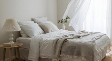 Serene bedroom with a neatly made bed a textured throw blanket and sheer curtains blowing gently in the breeze photo