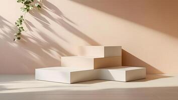 Minimalist geometric podium with cascading plant and soft shadow overlay photo
