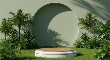 Minimalist outdoor stage with lush green plants and palm trees casting shadows photo