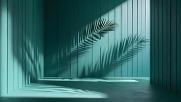 Turquoise room with vertical panels and palm leaf shadows cast by soft light photo