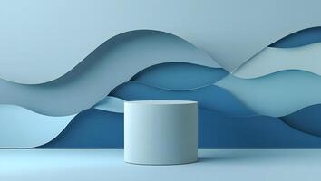 Minimalist blue abstract background with a cylindrical pedestal for product display photo