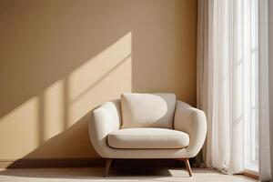 Comfortable cream armchair bathed in soft sunlight with sheer curtains and a warm neutral wall photo