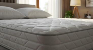 Close up view of a comfortable white quilted mattress with pillows and a blurred bedroom background photo
