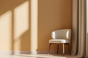Modern cream armchair bathed in warm sunlight with geometric shadow patterns on a warm ochre wall photo