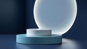 Minimalist scene with two cylindrical pedestals and a glowing oval light in a dark blue studio photo