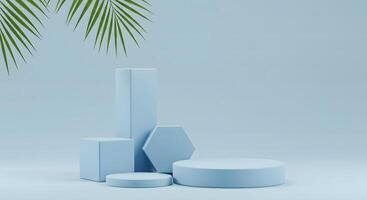 Minimalist light blue geometric podiums with palm leaves against a soft blue background photo