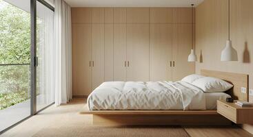 Modern bedroom with natural wood finishes and a large window overlooking lush greenery photo