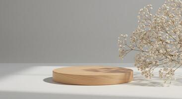 Minimalist wooden podium with delicate dried baby s breath flowers and soft shadows photo