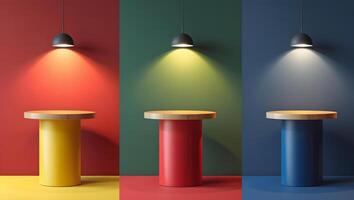 Three minimalist cylindrical pedestals with wooden tops illuminated by hanging spotlights against a tri colored backdrop photo